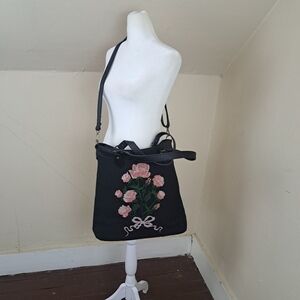Dolls Kill Widow Shadow Bloom Floral Embroidered Cross-Stitch Black Tote Bag